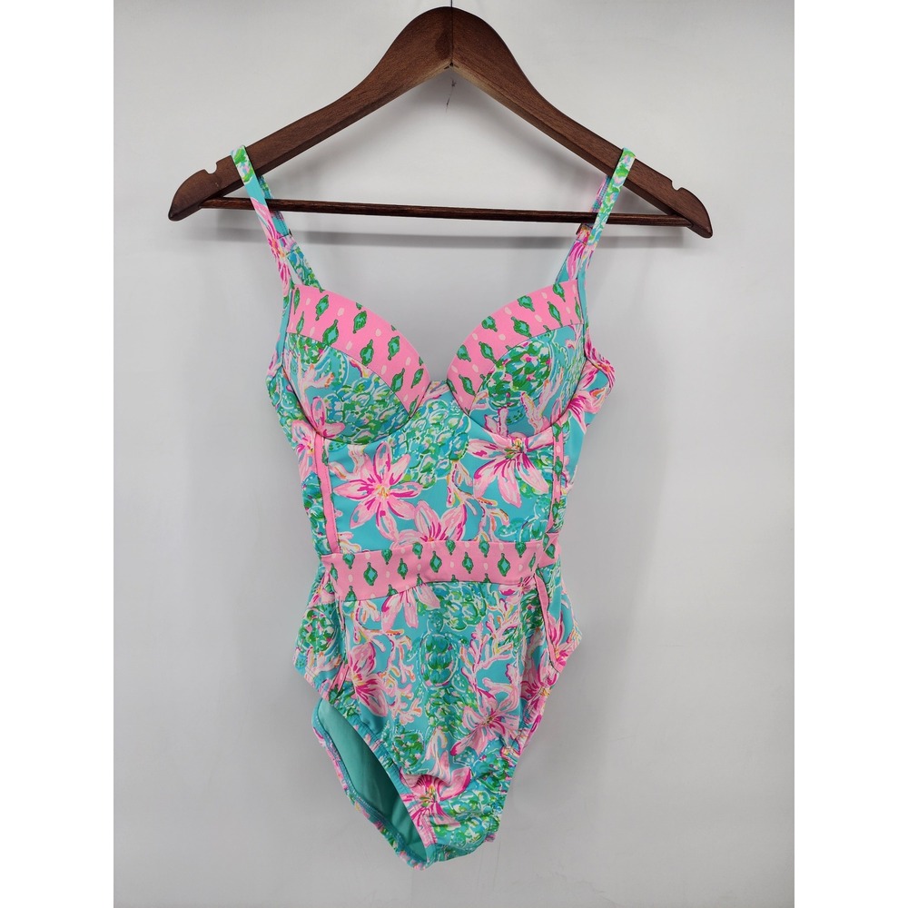Lilly Pulitzer Floral Underwire One Piece Swimsuit Blue Pink Size 2